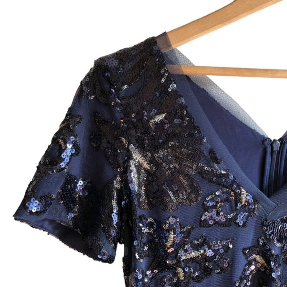 Badgley Mischka Sequin Dress Size 2 Blue Floral - Picture 5 of 15
